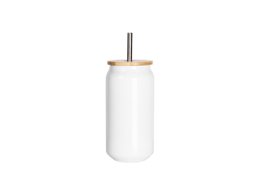 Sublimation Blanks 16oz Double Wall SS Can Mug with Bamboo Lid(White)