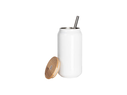 Sublimation Blanks 16oz Double Wall SS Can Mug with Bamboo Lid(White)